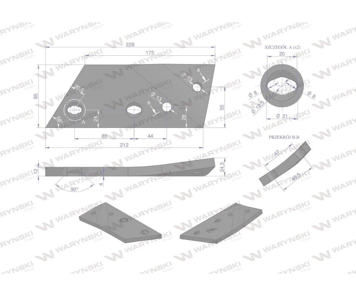 Trzymak nakładki dłuta prawa zastosowanie Overum stal borowa WARYŃSKI