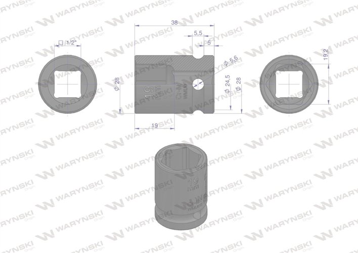 Nasadka udarowa sześciokątna 1/2". 19 mm. CrMo. DIN 3129. Waryński