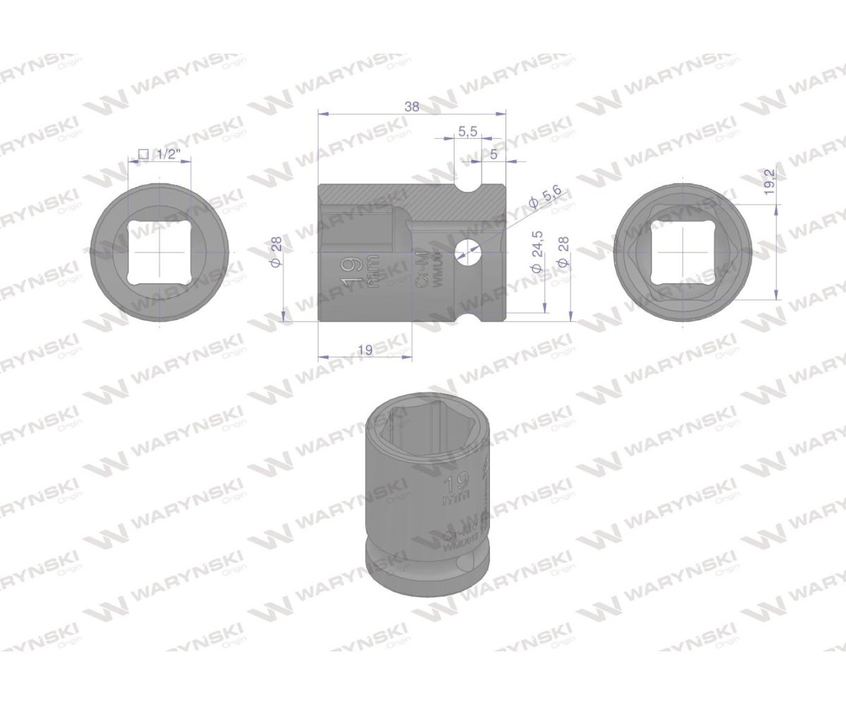 Nasadka udarowa sześciokątna 1/2". 19 mm. CrMo. DIN 3129. Waryński