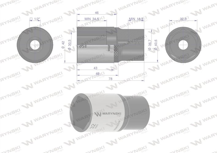 Nasadka sześciokątna 1/2". 32 mm. długa. CrV50BV30. DIN 3124. Waryński