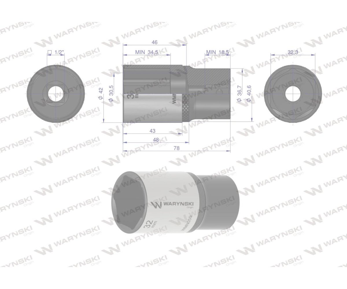Nasadka sześciokątna 1/2". 32 mm. długa. CrV50BV30. DIN 3124. Waryński