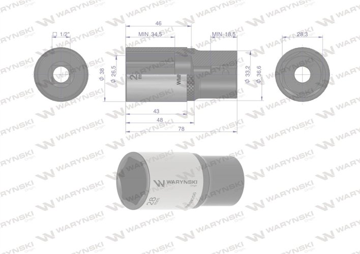 Nasadka sześciokątna 1/2". 28 mm. długa. CrV50BV30. DIN 3124. Waryński