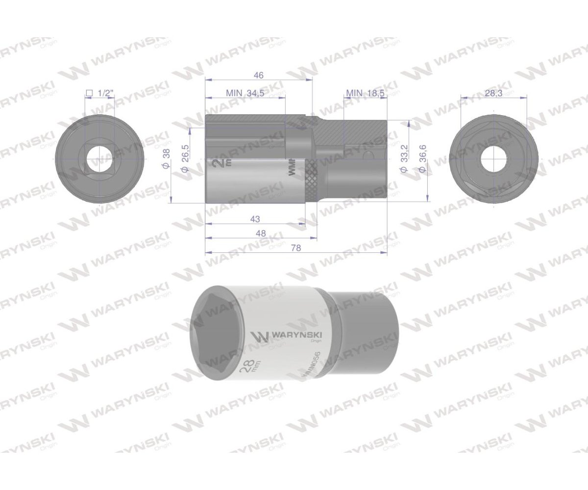 Nasadka sześciokątna 1/2". 28 mm. długa. CrV50BV30. DIN 3124. Waryński