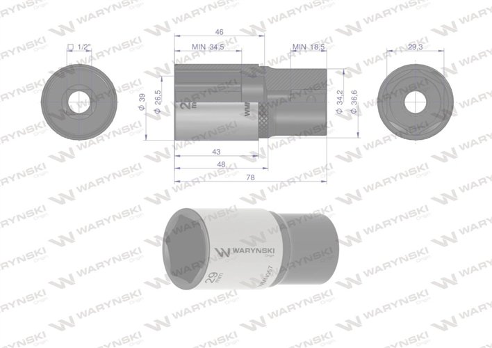Nasadka sześciokątna 1/2". 29 mm. długa. CrV50BV30. DIN 3124. Waryński