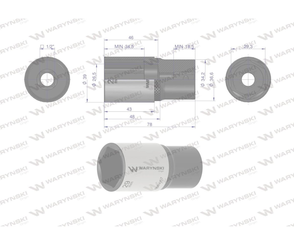 Nasadka sześciokątna 1/2". 29 mm. długa. CrV50BV30. DIN 3124. Waryński