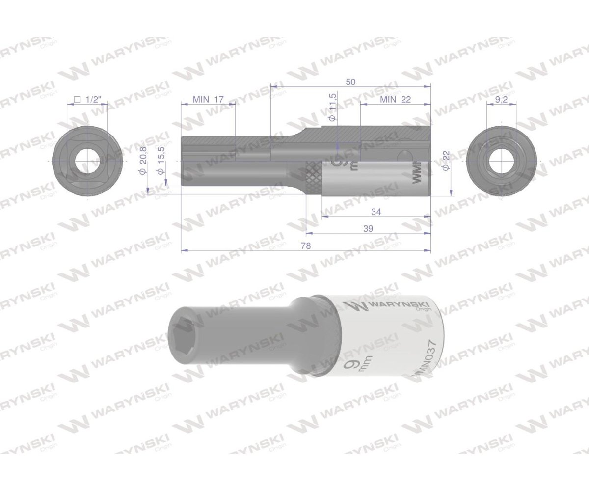 Nasadka sześciokątna 1/2". 9 mm. długa. CrV50BV30. DIN 3124. Waryński