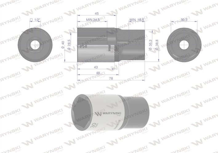 Nasadka sześciokątna 1/2". 30 mm. długa. CrV50BV30. DIN 3124. Waryński