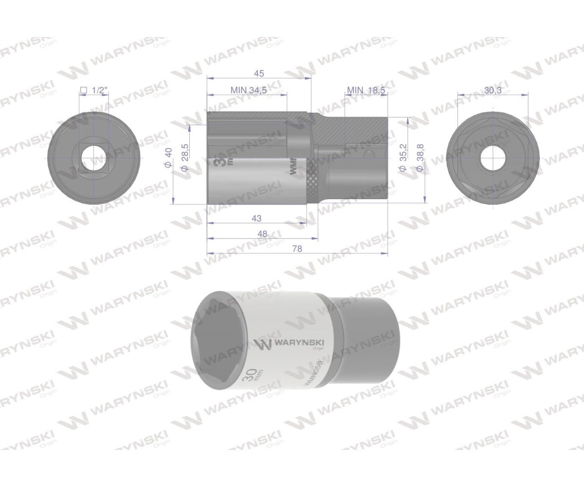 Nasadka sześciokątna 1/2". 30 mm. długa. CrV50BV30. DIN 3124. Waryński