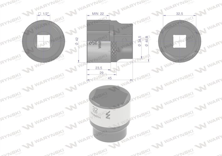 Nasadka sześciokątna 1/2". 32 mm. CrV50BV30. DIN 3124. Waryński