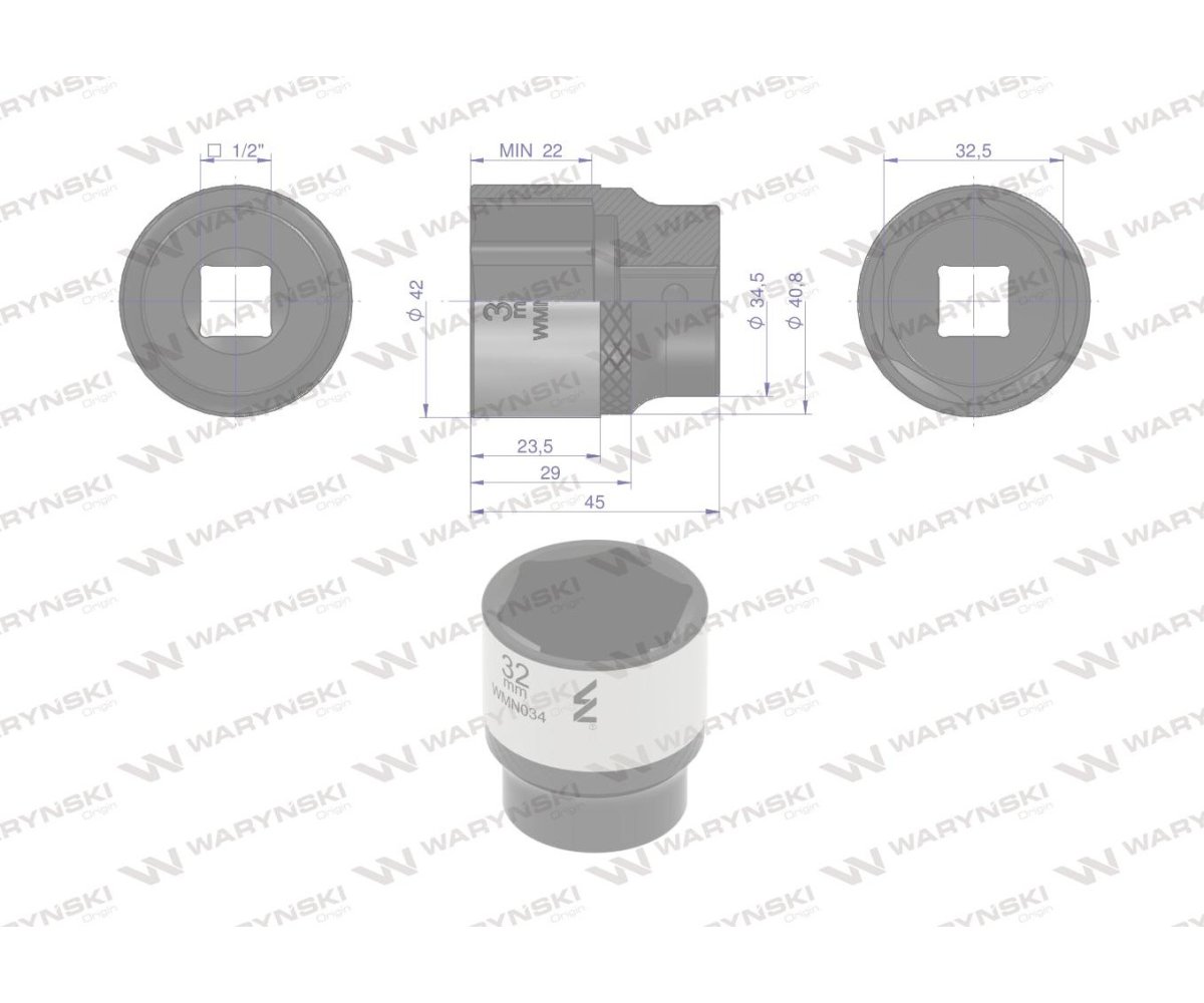 Nasadka sześciokątna 1/2". 32 mm. CrV50BV30. DIN 3124. Waryński