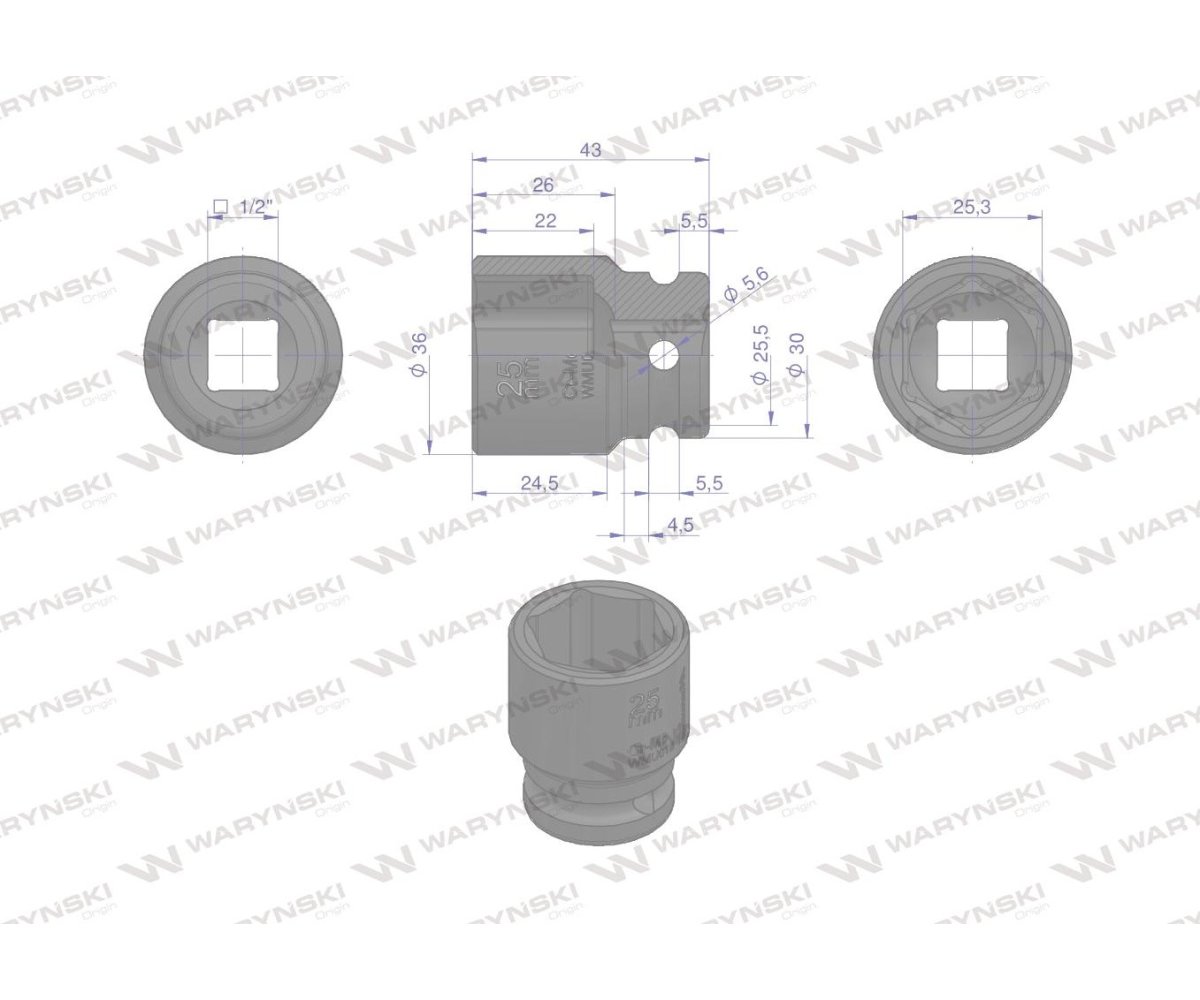 Nasadka udarowa sześciokątna 1/2". 25 mm. CrMo. DIN 3129. Waryński