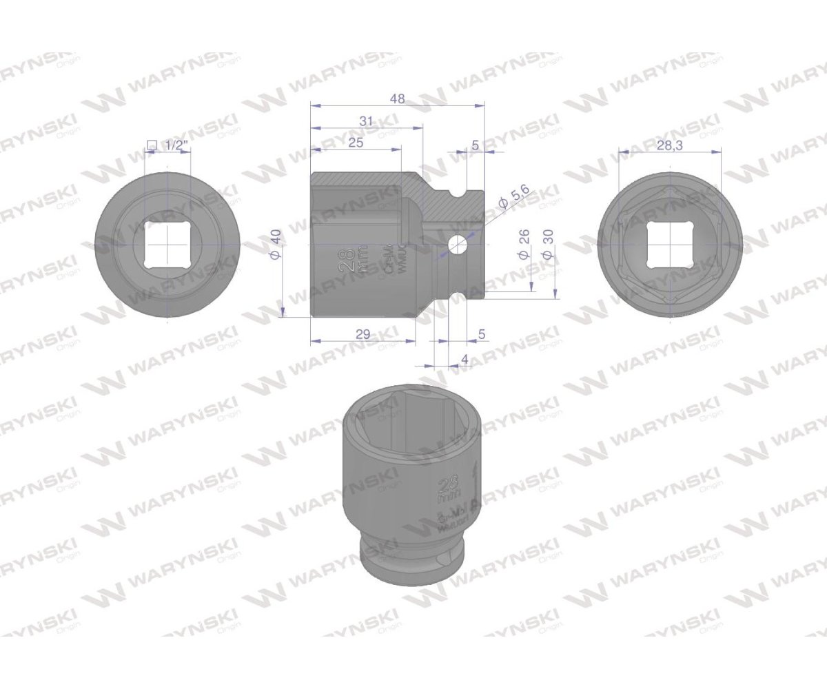 Nasadka udarowa sześciokątna 1/2". 28 mm. CrMo. DIN 3129. Waryński