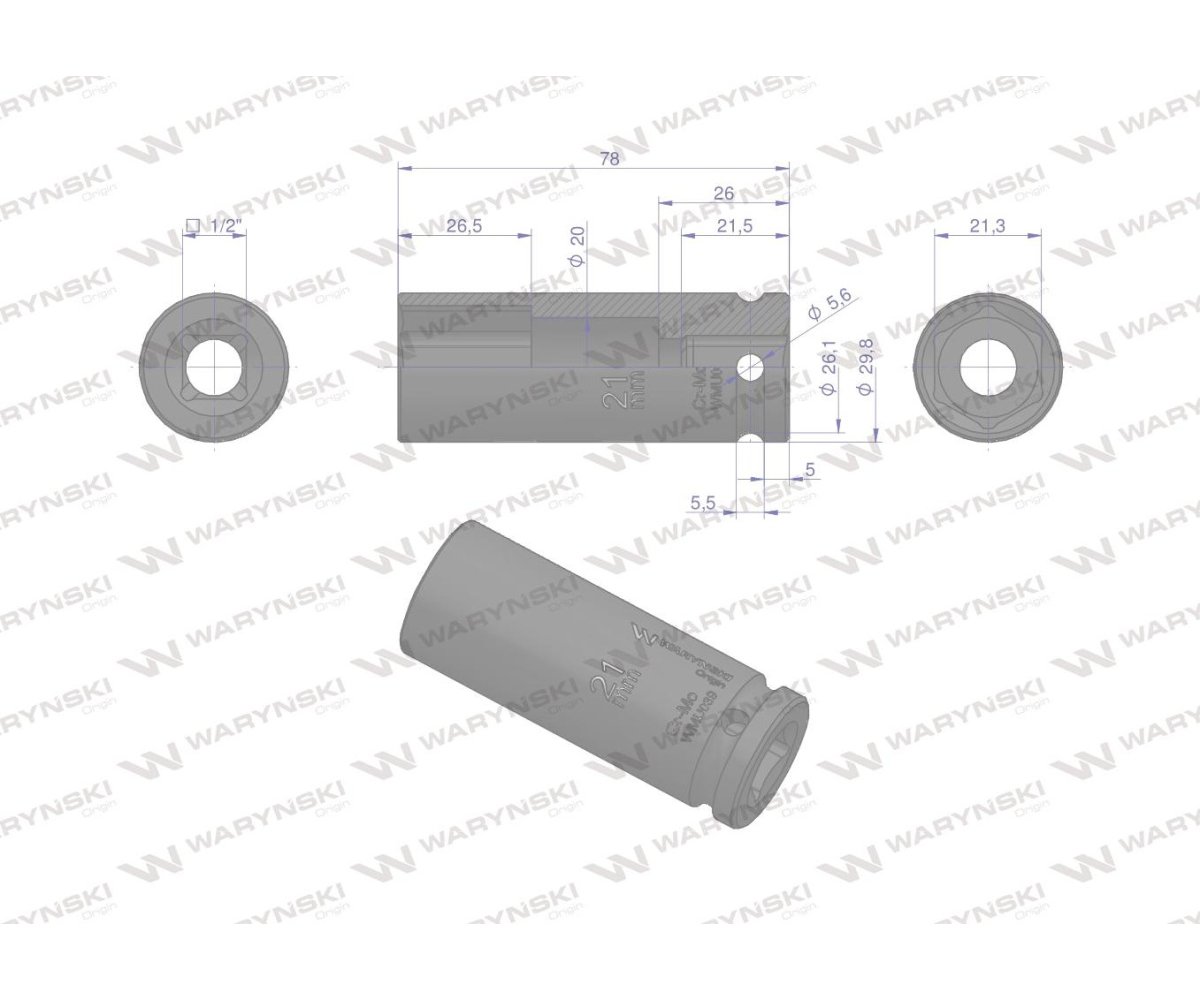 Nasadka udarowa sześciokątna długa 1/2". 21 mm. CrMo. DIN 3129. Waryński