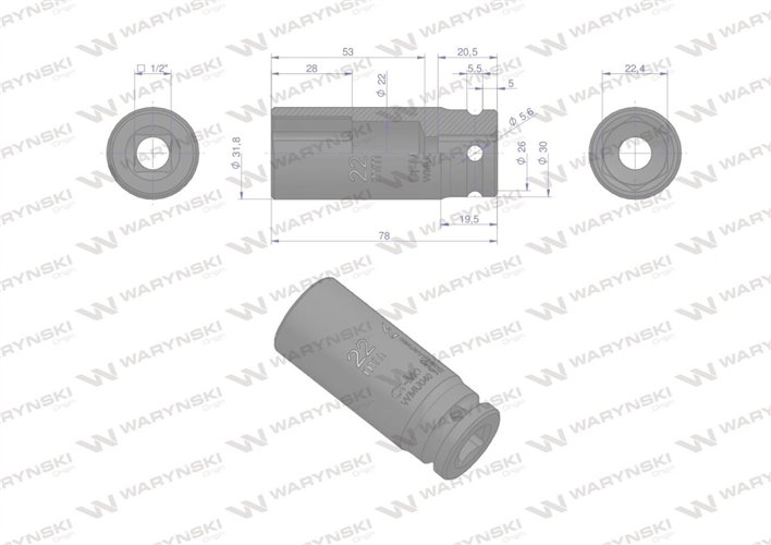 Nasadka udarowa sześciokątna długa 1/2". 22 mm. CrMo. DIN 3129. Waryński