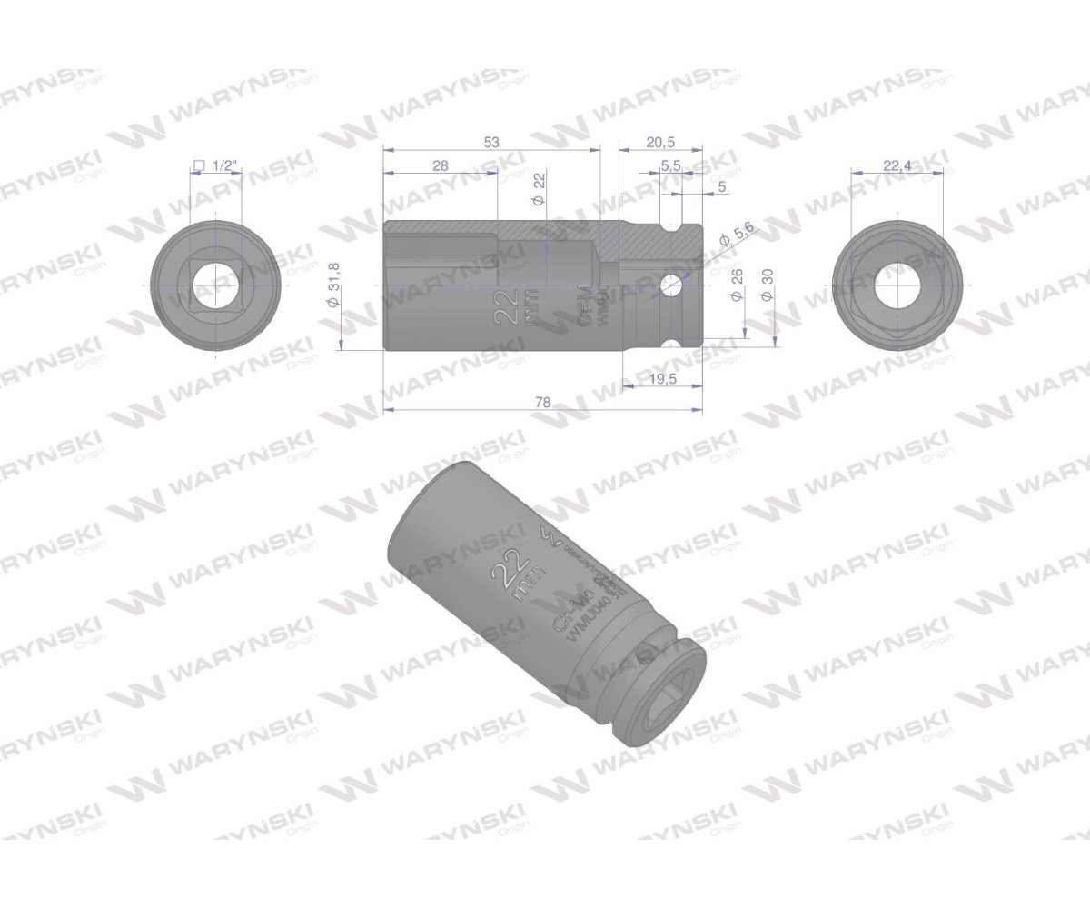 Nasadka udarowa sześciokątna długa 1/2". 22 mm. CrMo. DIN 3129. Waryński