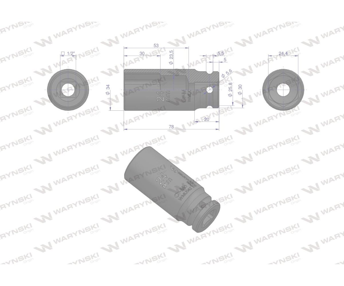 Nasadka udarowa sześciokątna długa 1/2". 24 mm. CrMo. DIN 3129. Waryński