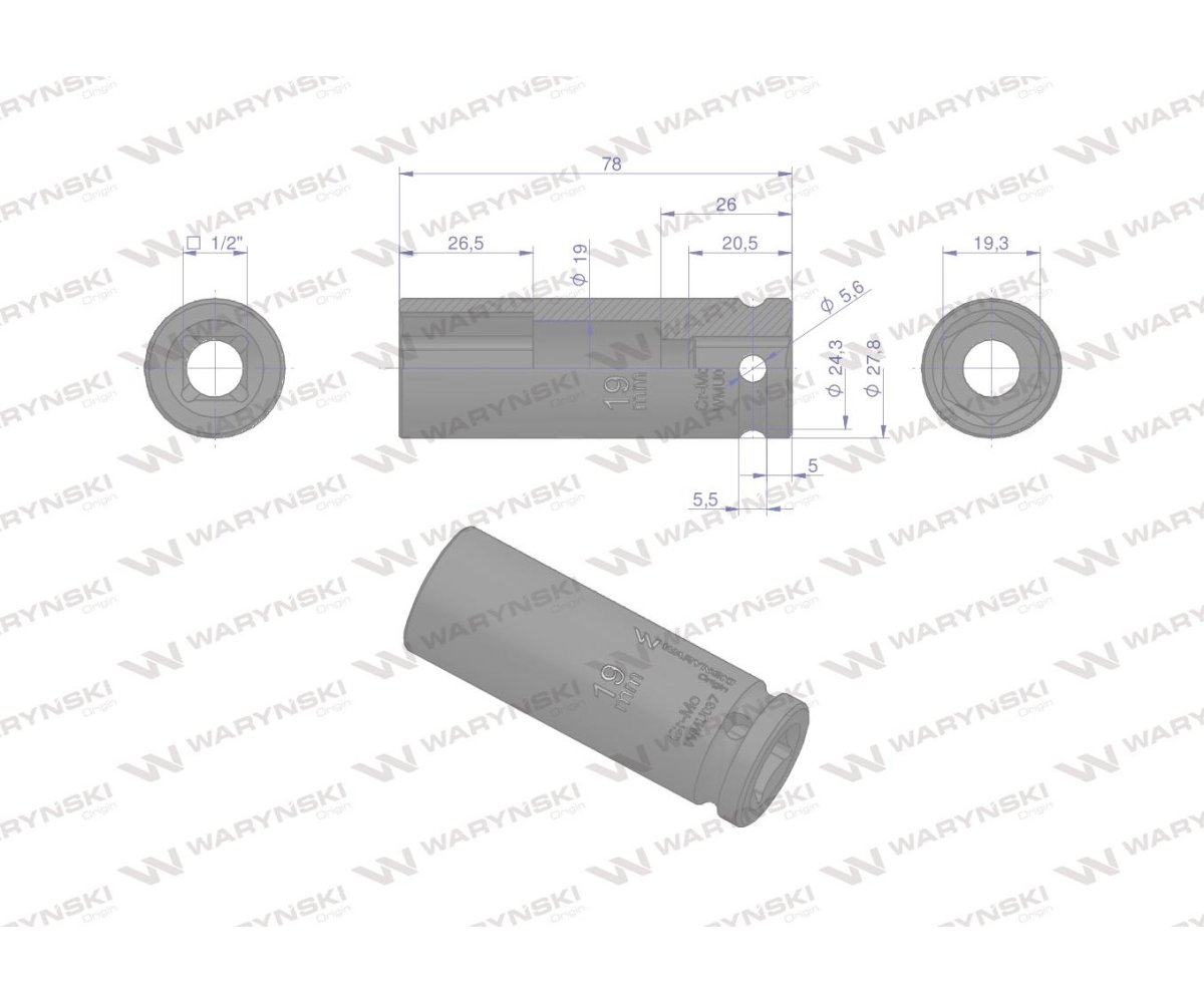 Nasadka udarowa sześciokątna długa 1/2". 19 mm. CrMo. DIN 3129. Waryński