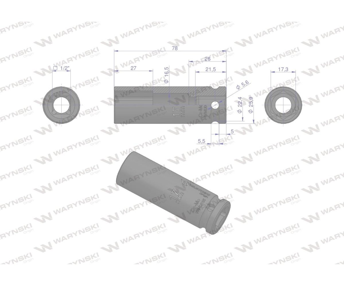 Nasadka udarowa sześciokątna długa 1/2". 17 mm. CrMo. DIN 3129. Waryński