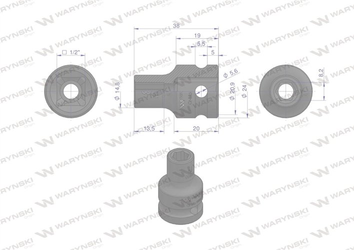 Nasadka udarowa sześciokątna 1/2". 8 mm. CrMo. DIN 3129. Waryński
