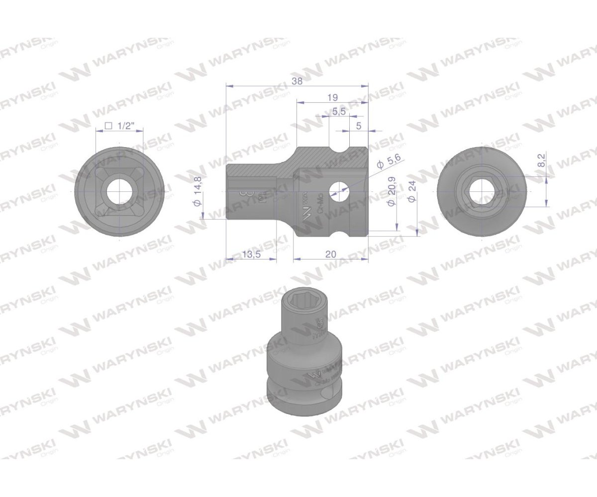 Nasadka udarowa sześciokątna 1/2". 8 mm. CrMo. DIN 3129. Waryński