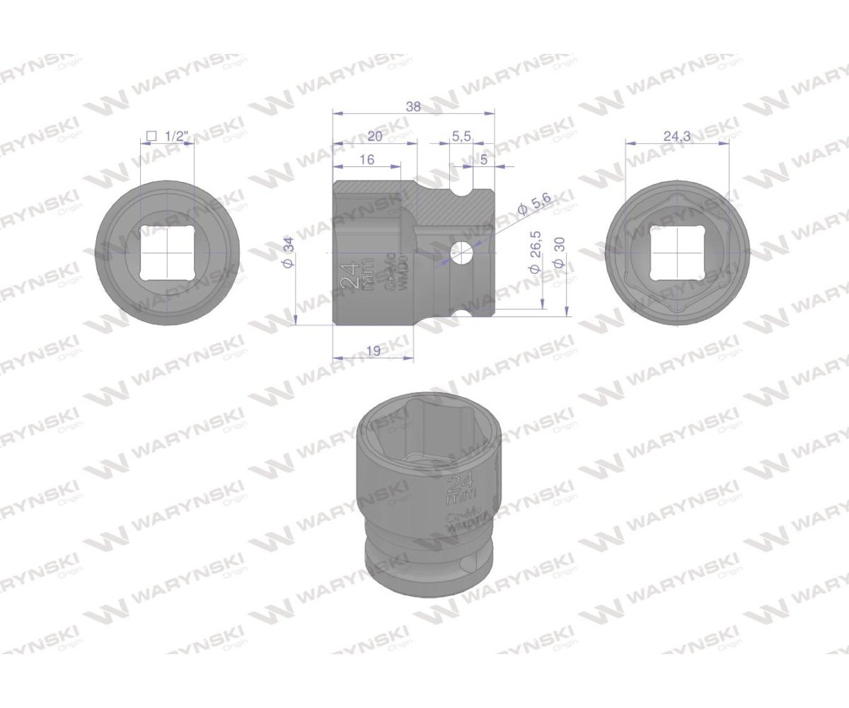 Nasadka udarowa sześciokątna 1/2". 24 mm. CrMo. DIN 3129. Waryński