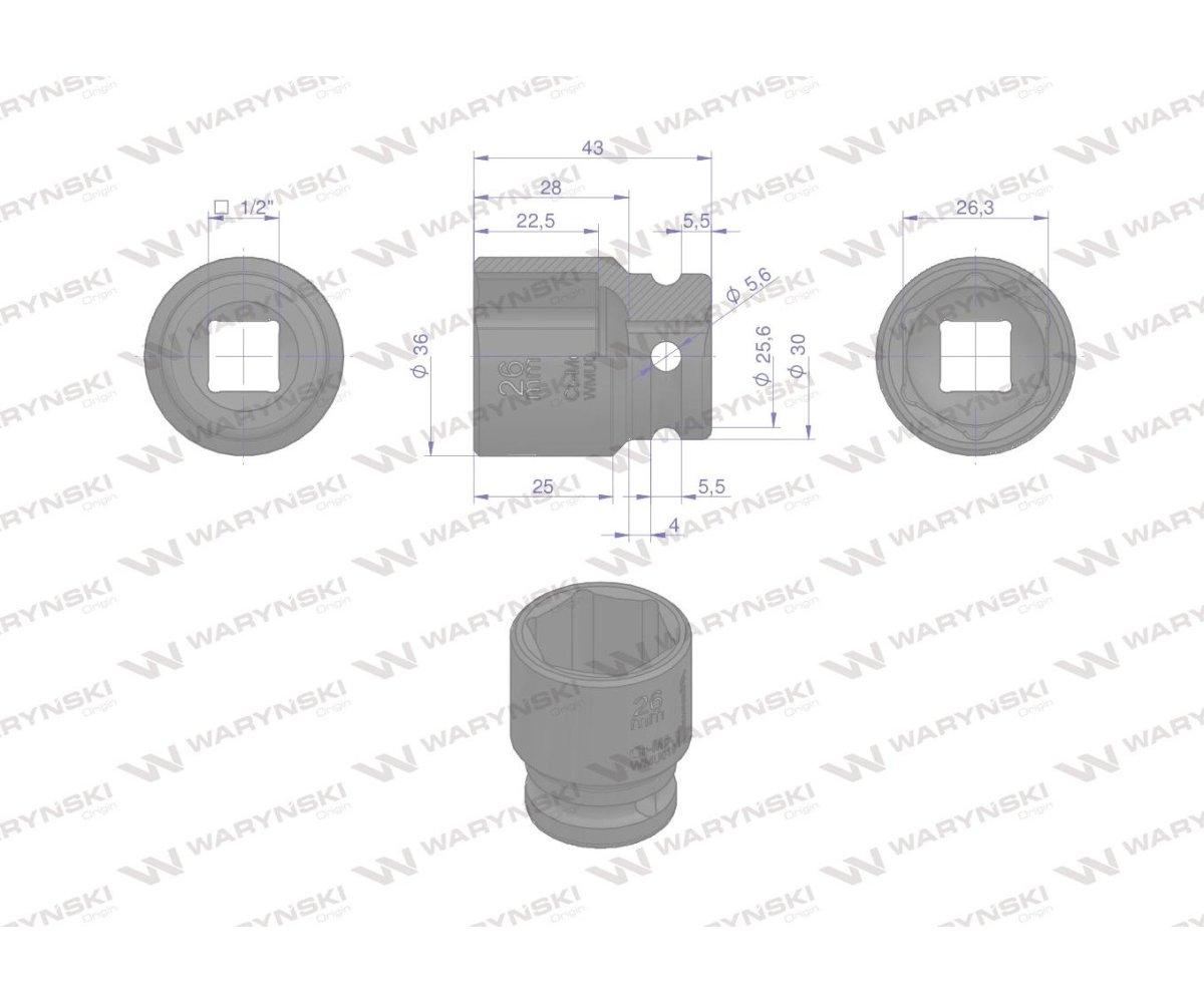 Nasadka udarowa sześciokątna 1/2". 26 mm. CrMo. DIN 3129. Waryński