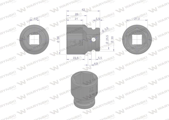 Nasadka udarowa sześciokątna 1/2". 27 mm. CrMo. DIN 3129. Waryński