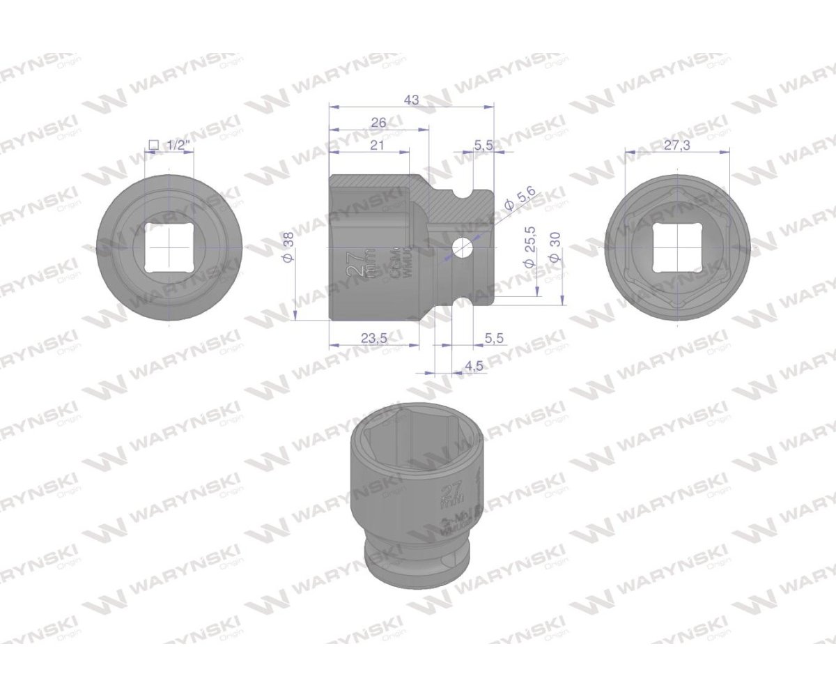Nasadka udarowa sześciokątna 1/2". 27 mm. CrMo. DIN 3129. Waryński