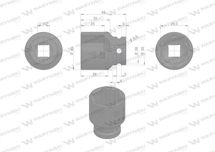 Nasadka udarowa sześciokątna 1/2". 29 mm. CrMo. DIN 3129. Waryński