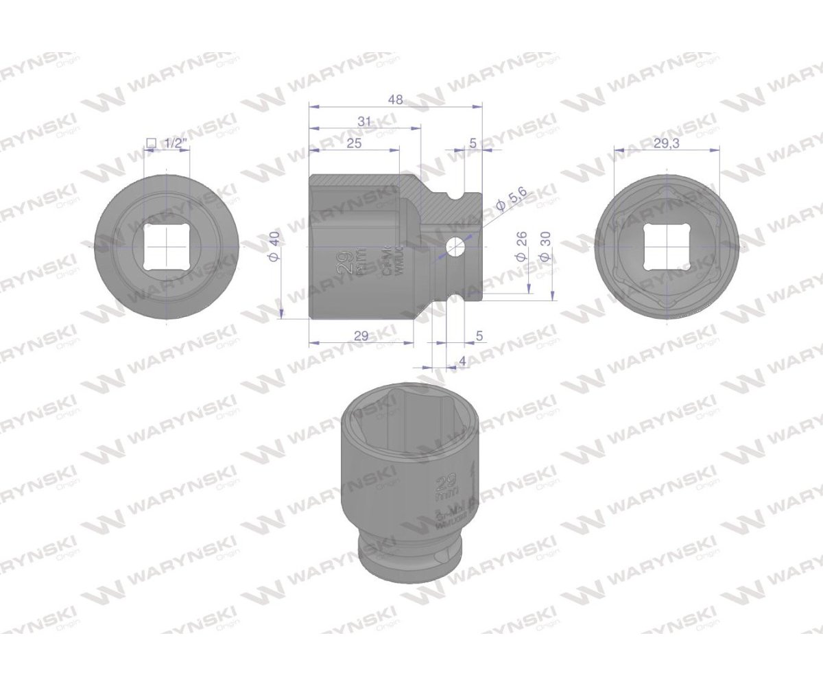 Nasadka udarowa sześciokątna 1/2". 29 mm. CrMo. DIN 3129. Waryński
