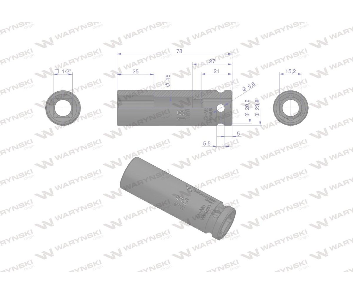 Nasadka udarowa sześciokątna długa 1/2". 15 mm. CrMo. DIN 3129. Waryński