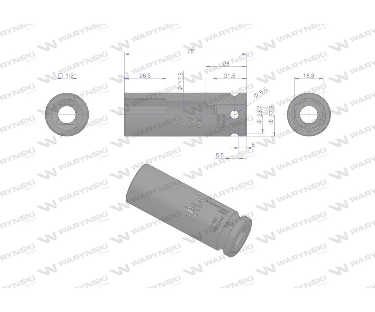 Nasadka udarowa sześciokątna długa 1/2". 18 mm. CrMo. DIN 3129. Waryński