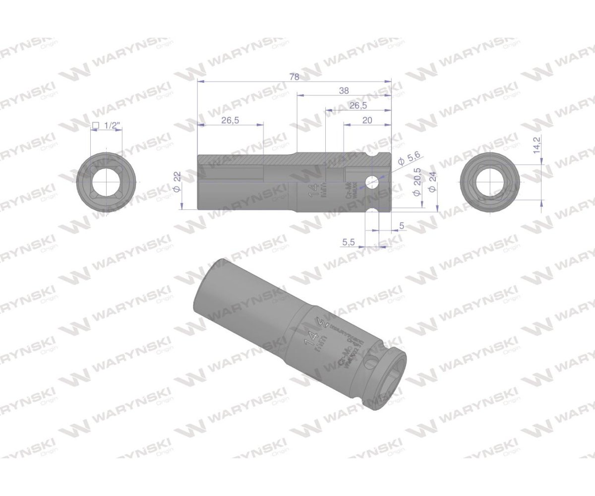 Nasadka udarowa sześciokątna długa 1/2". 14 mm. CrMo. DIN 3129. Waryński