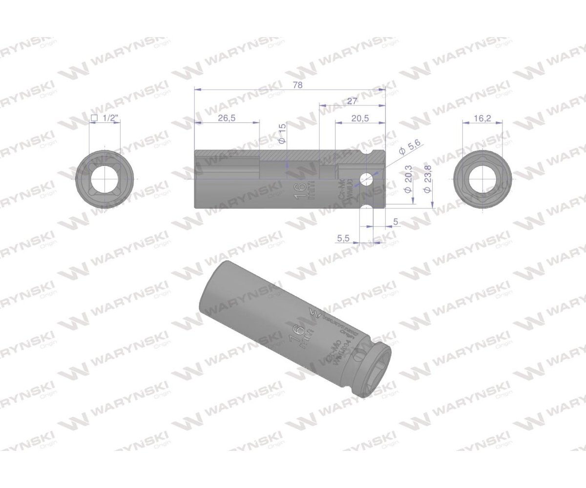 Nasadka udarowa sześciokątna długa 1/2". 16 mm. CrMo. DIN 3129. Waryński