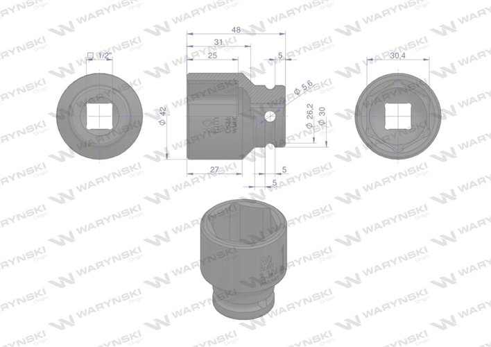 Nasadka udarowa sześciokątna 1/2". 30 mm. CrMo. DIN 3129. Waryński