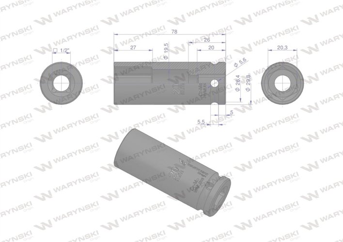Nasadka udarowa sześciokątna długa 1/2". 20 mm. CrMo. DIN 3129. Waryński