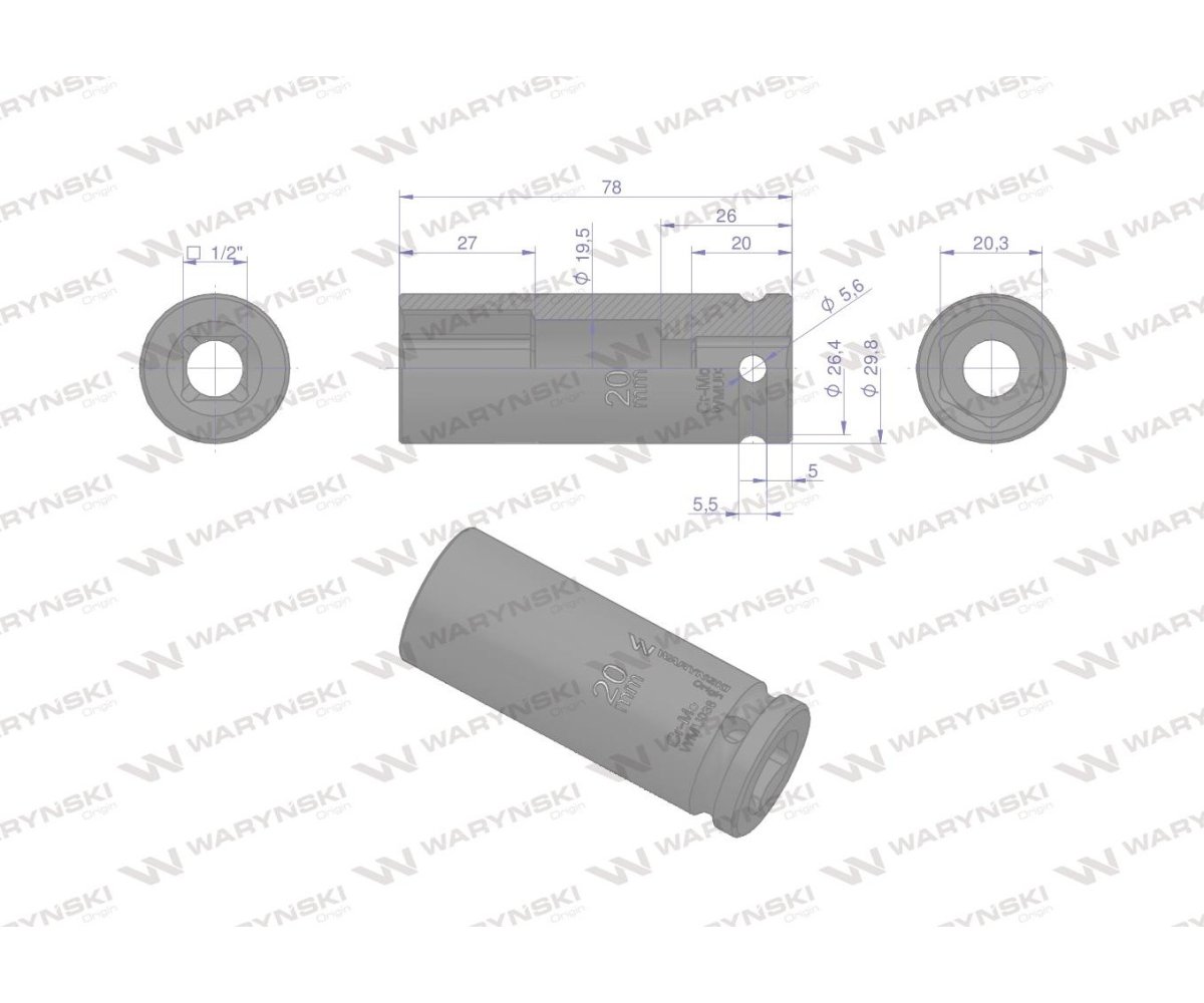 Nasadka udarowa sześciokątna długa 1/2". 20 mm. CrMo. DIN 3129. Waryński