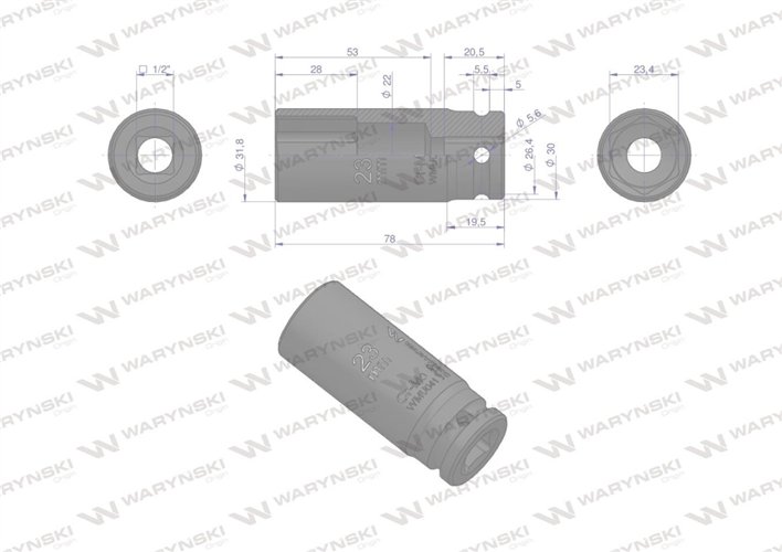 Nasadka udarowa sześciokątna długa 1/2". 23 mm. CrMo. DIN 3129. Waryński