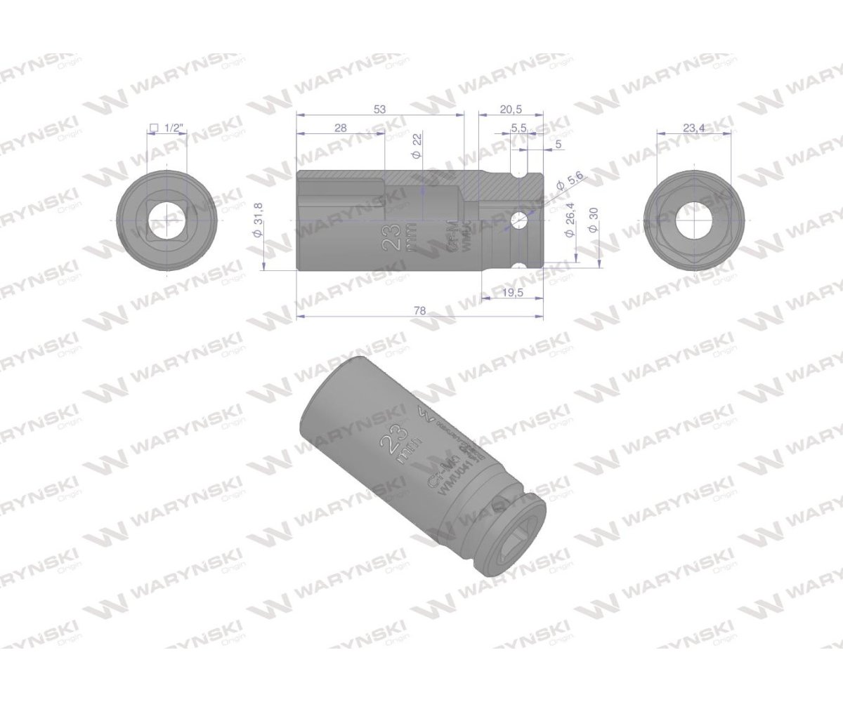 Nasadka udarowa sześciokątna długa 1/2". 23 mm. CrMo. DIN 3129. Waryński