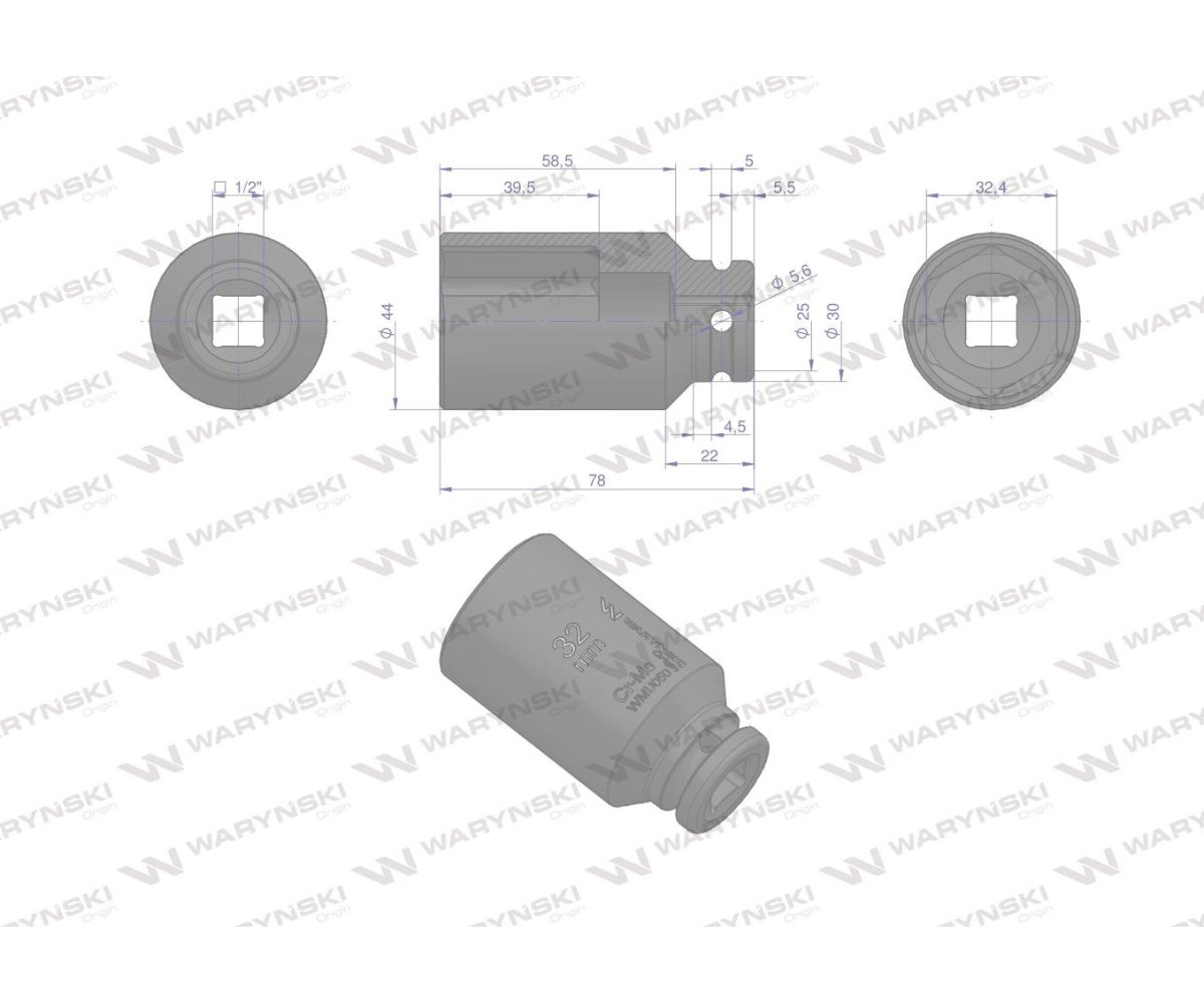 Nasadka udarowa sześciokątna długa 1/2". 32 mm. CrMo. DIN 3129. Waryński