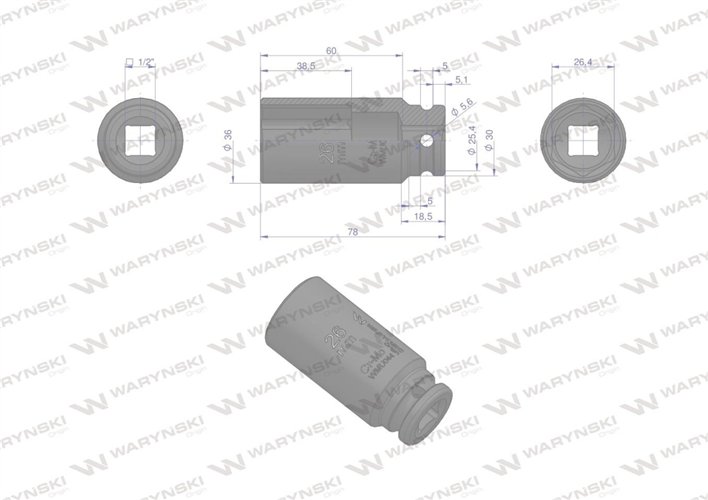 Nasadka udarowa sześciokątna długa 1/2". 26 mm. CrMo. DIN 3129. Waryński