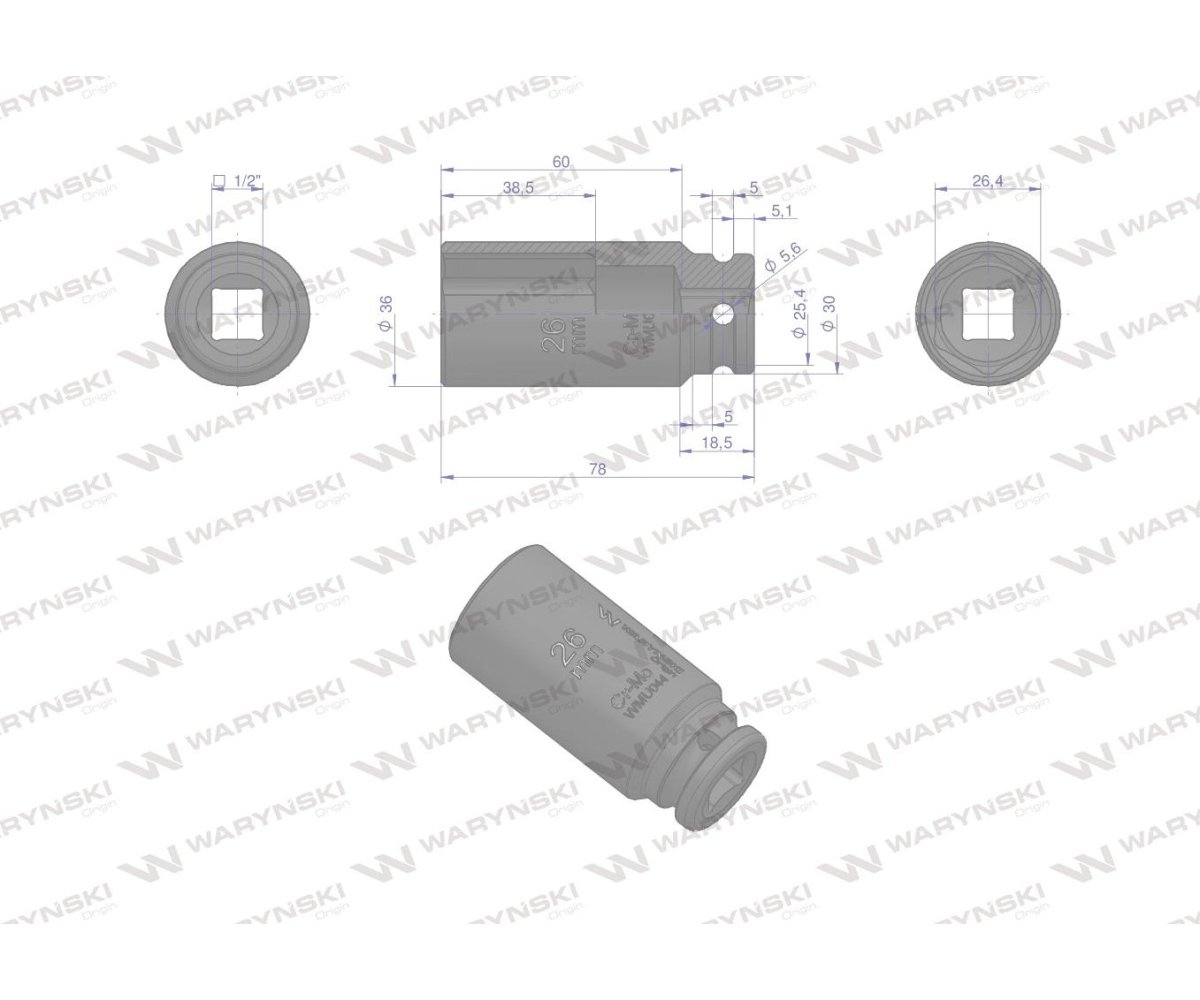 Nasadka udarowa sześciokątna długa 1/2". 26 mm. CrMo. DIN 3129. Waryński