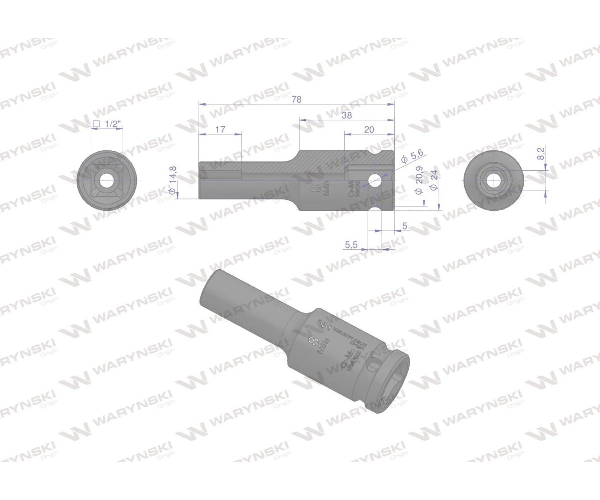 Nasadka udarowa sześciokątna długa 1/2". 8 mm. CrMo. DIN 3129. Waryński