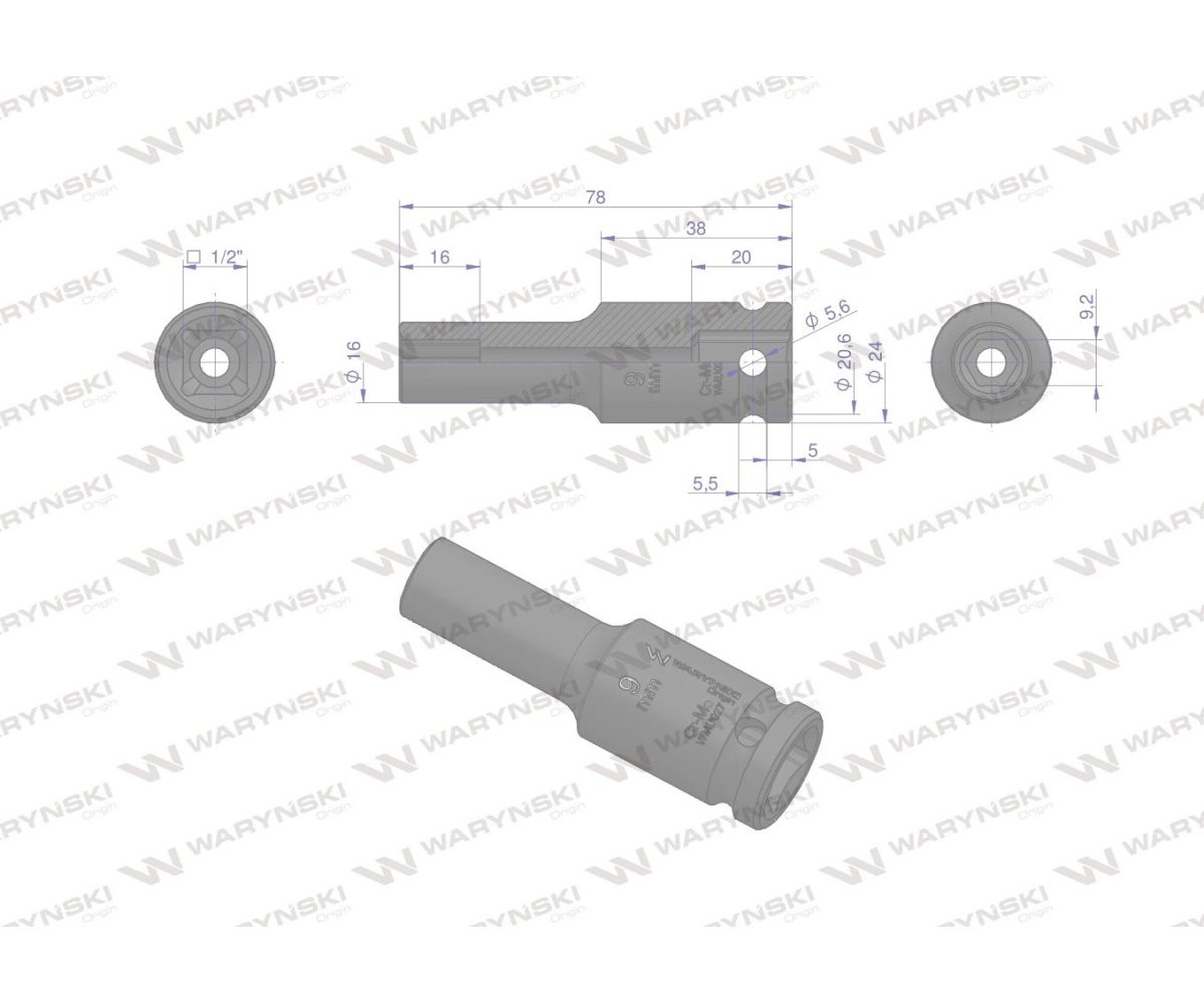 Nasadka udarowa sześciokątna długa 1/2". 9 mm. CrMo. DIN 3129. Waryński