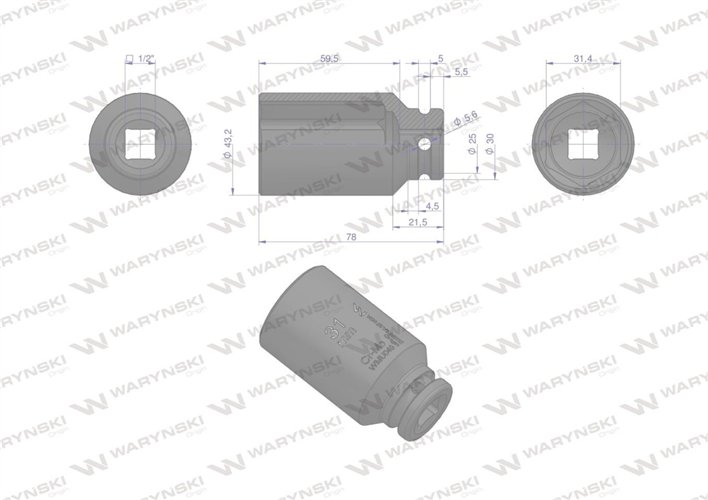Nasadka udarowa sześciokątna długa 1/2". 31 mm. CrMo. DIN 3129. Waryński