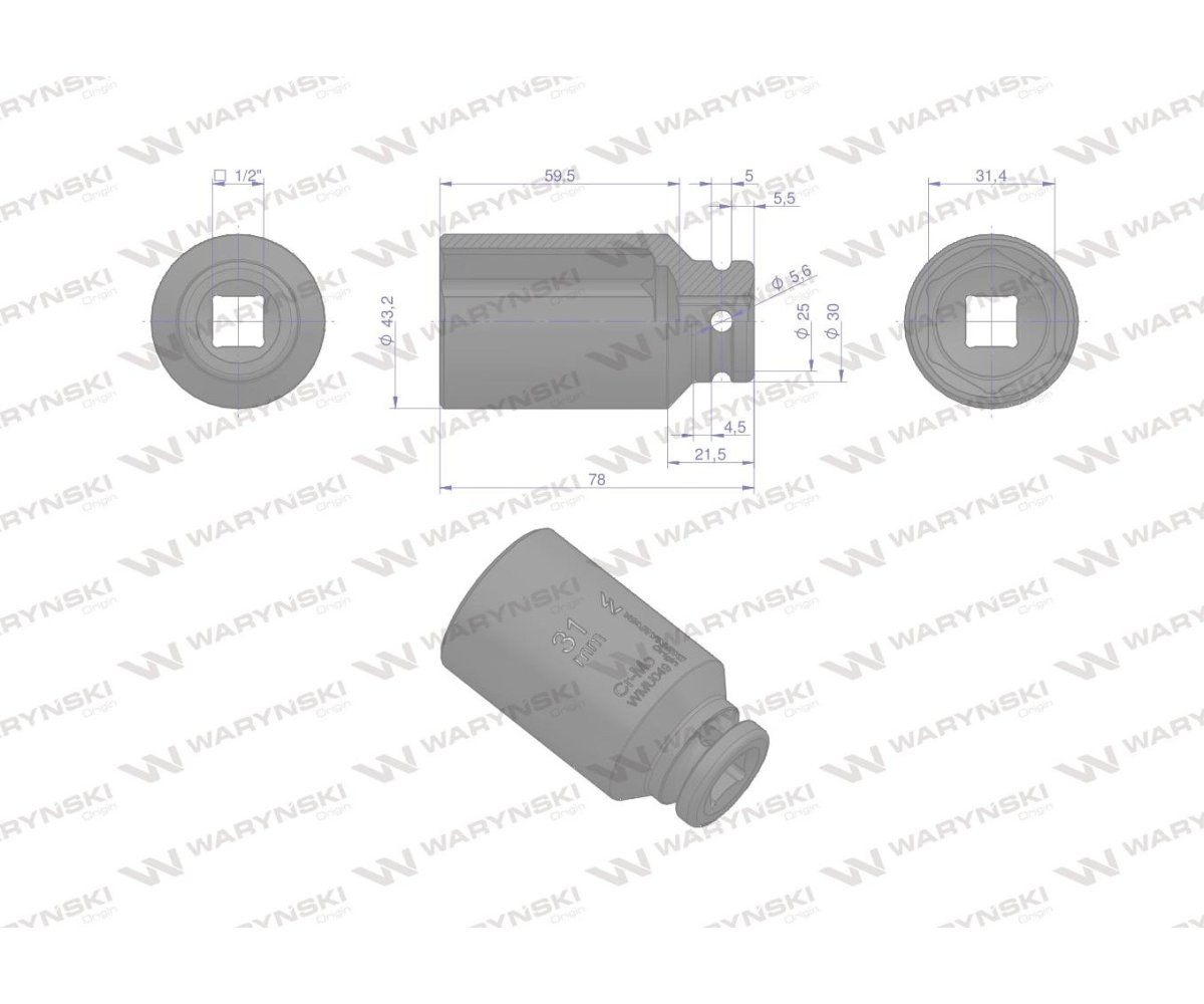 Nasadka udarowa sześciokątna długa 1/2". 31 mm. CrMo. DIN 3129. Waryński