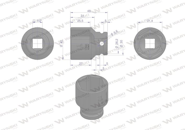 Nasadka udarowa sześciokątna 1/2". 31 mm. CrMo. DIN 3129. Waryński