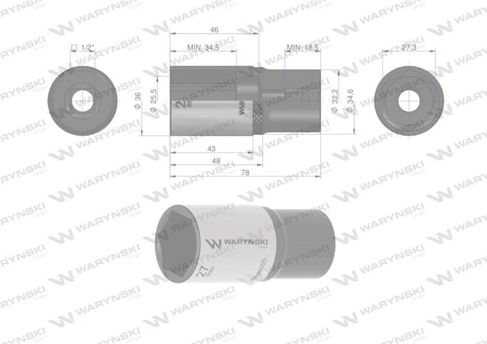 Nasadka sześciokątna 1/2". 27 mm. długa. CrV50BV30. DIN 3124. Waryński
