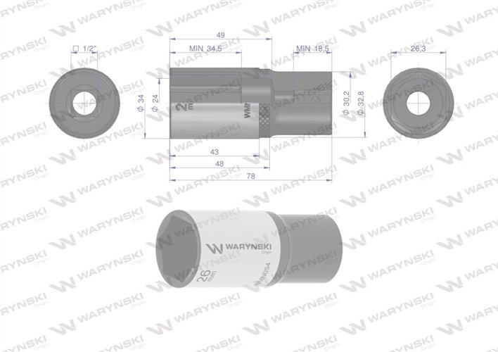 Nasadka sześciokątna 1/2". 26 mm. długa. CrV50BV30. DIN 3124. Waryński