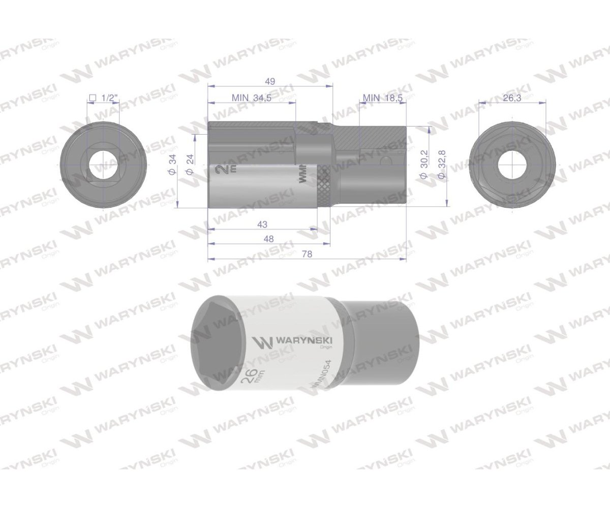 Nasadka sześciokątna 1/2". 26 mm. długa. CrV50BV30. DIN 3124. Waryński